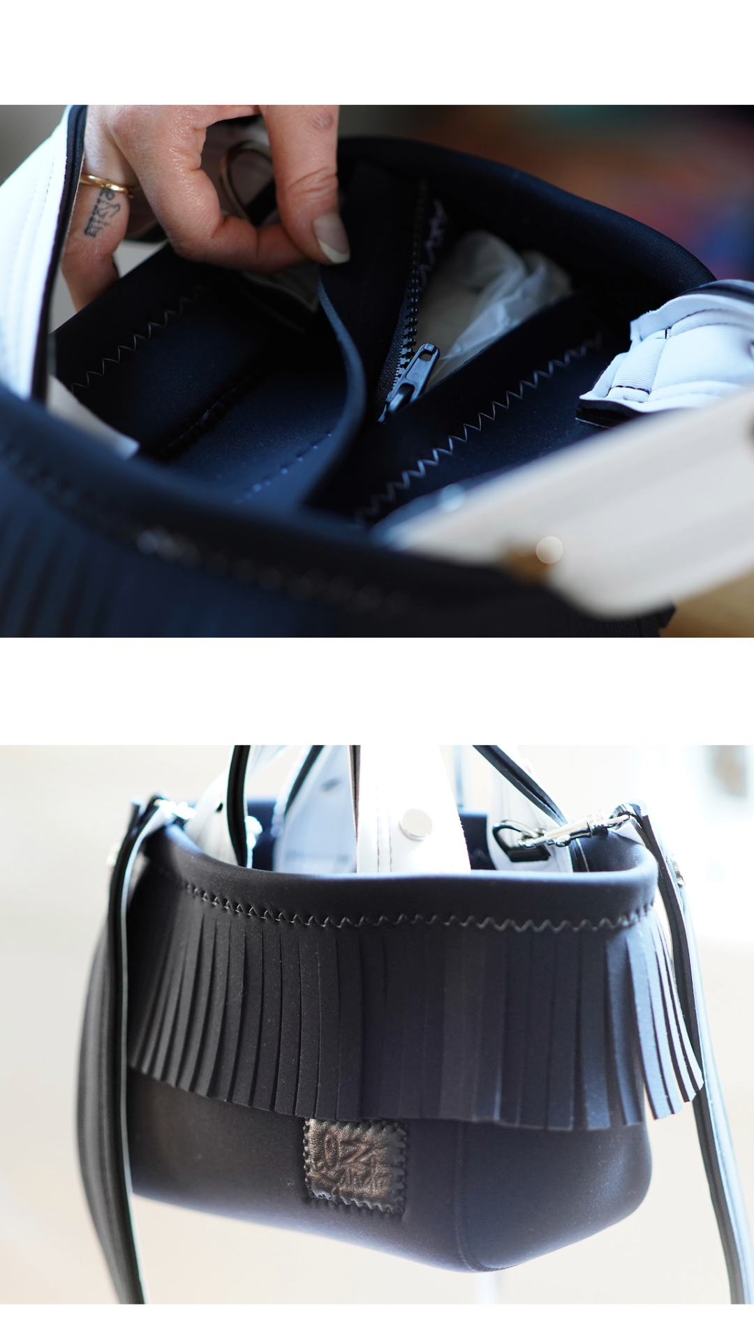 Pre-Order｜Mini Fringe Tote Bag – Black × White Handle / Silver Studs（Pre-Order）